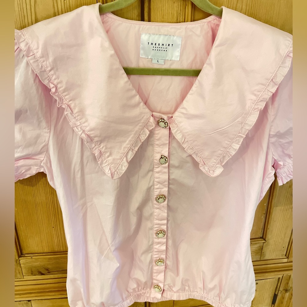 The Shirt by Rochelle Behrens Pink Ruffle Collar Button-Front Top